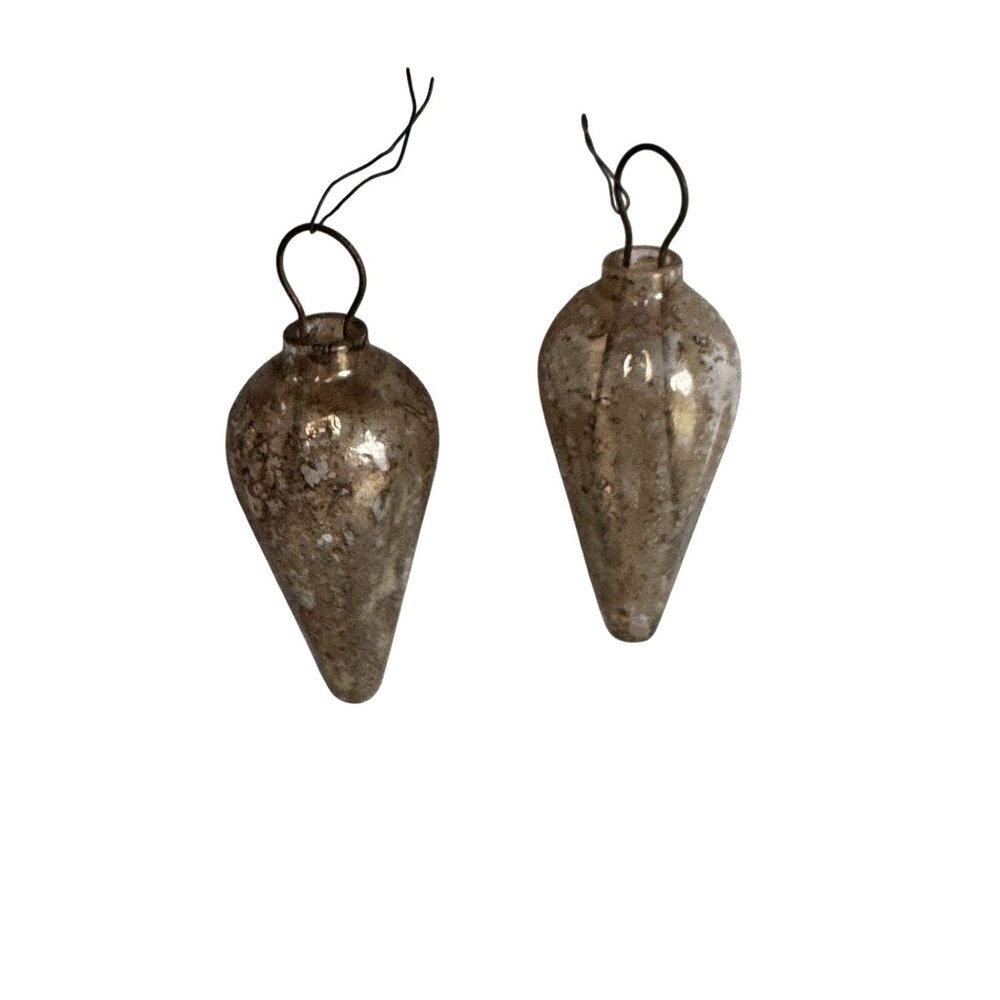Vintage Ribbed Teardrop Glass Ornaments Silver 2" Pair With Wire Loops
